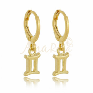 Brinco Argola P Símbolo de Signo Gêmeos Pendurado Folheado a Ouro 18k - 4153