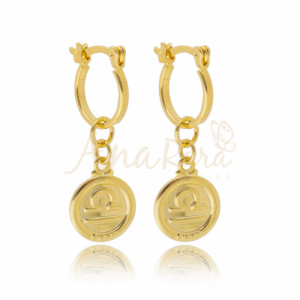 Brinco Argola P Medalha de Signo Libra Pendurada Folheado a Ouro 18k - 4154