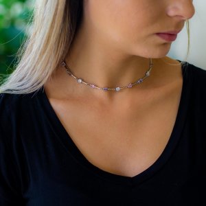 Colar Choker Gargantilha Ajustável com Zircônias Coloridas Roxo Branco Rosa Ródio Branco - 1616