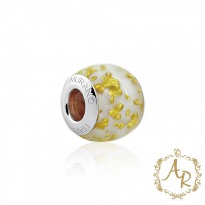 Berloque Murano Branco e Dourado Prata 925 - 1396